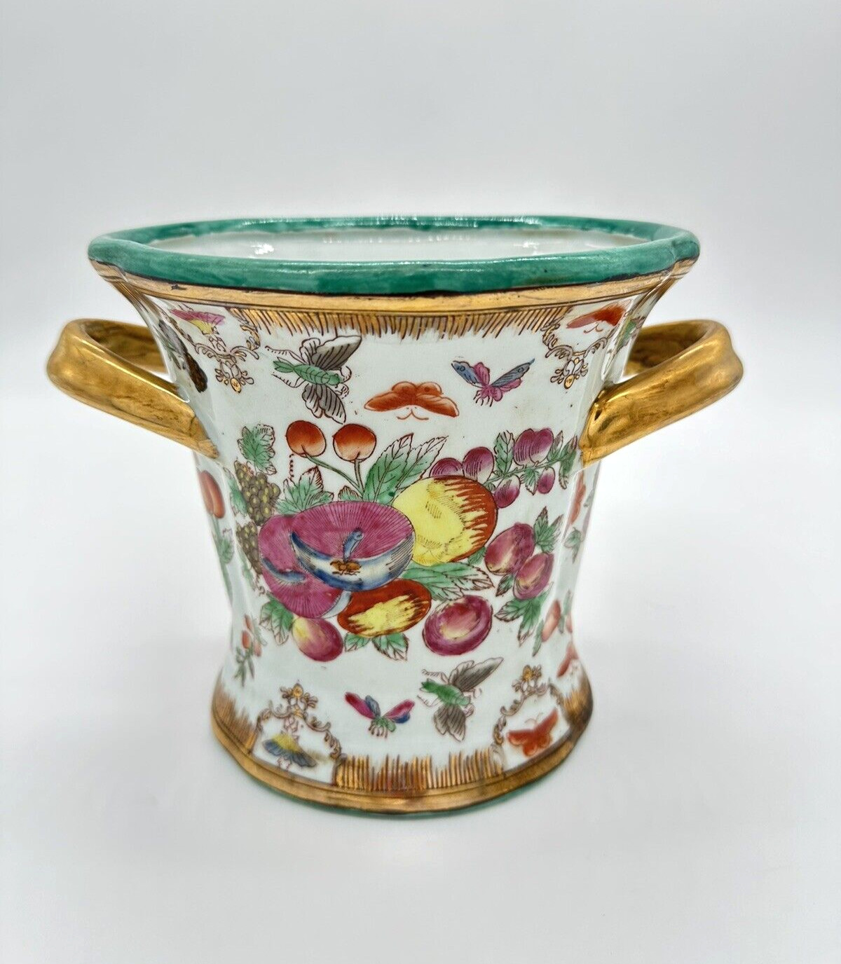Vintage Porcelain Chinese Vase Planter Fruit Butterflies DragonFly Gold