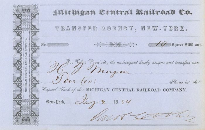 Jacob Little - Michigan Central Railroad - Transfer Receipt - Autographed Stocks
