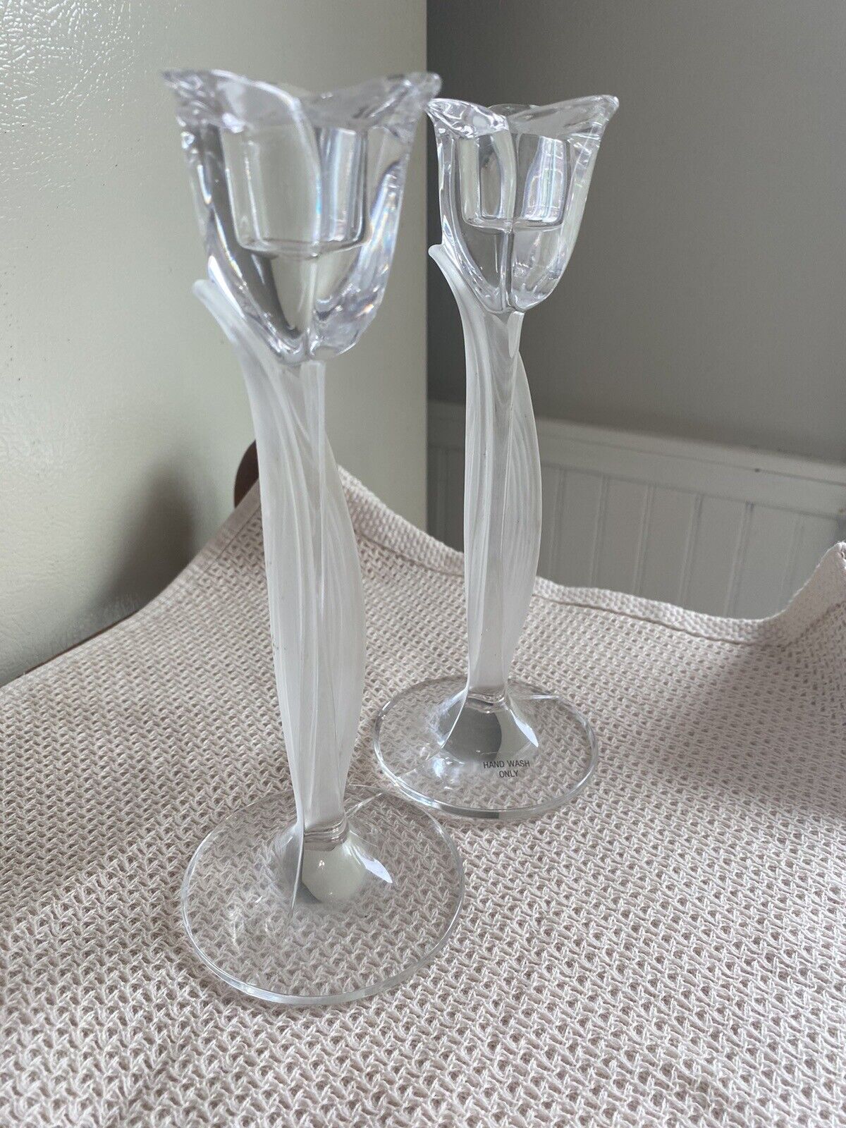 Vintage Pair Of Aria Tulip Frosted Leaf Crystal Candle Stick Holders, Beautiful