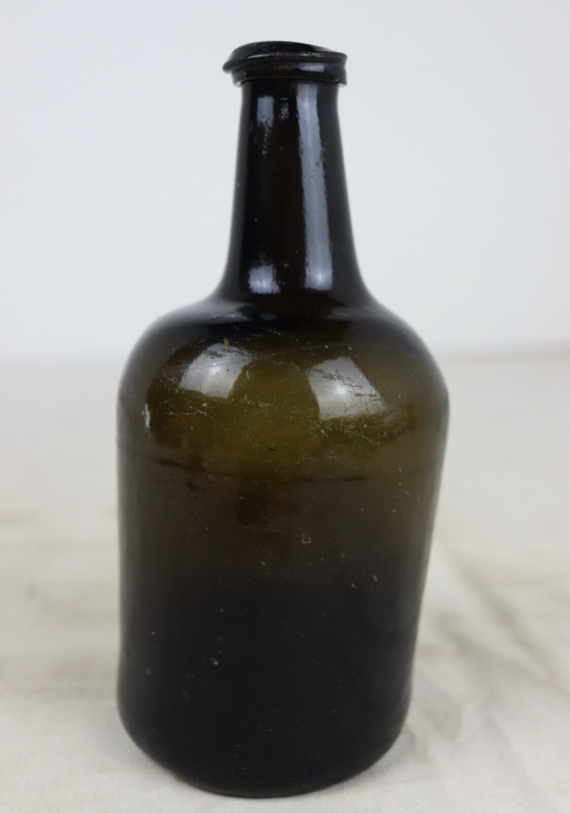 Antique 1700\'s Olive Green Blown Glass Leaning Mallet Cylinder Liquor Bottle