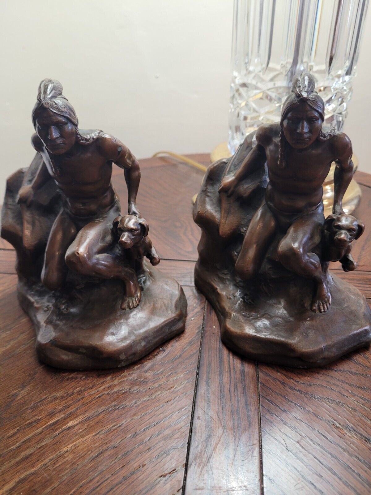 Antique  J&B Bronze Clad  Indian Scout & Dog Western Bookends Damage On One