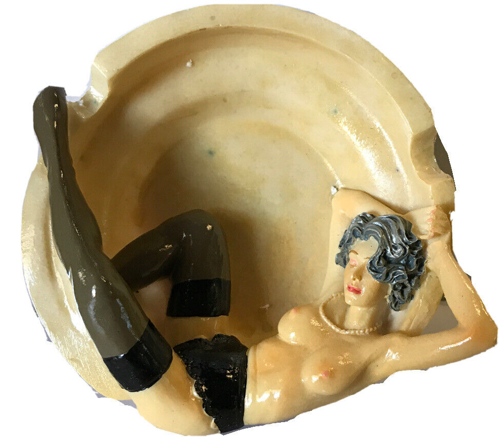 Vintage Pin Up Lady Ceramic Ashtray Risque Nude Latina? MCM?