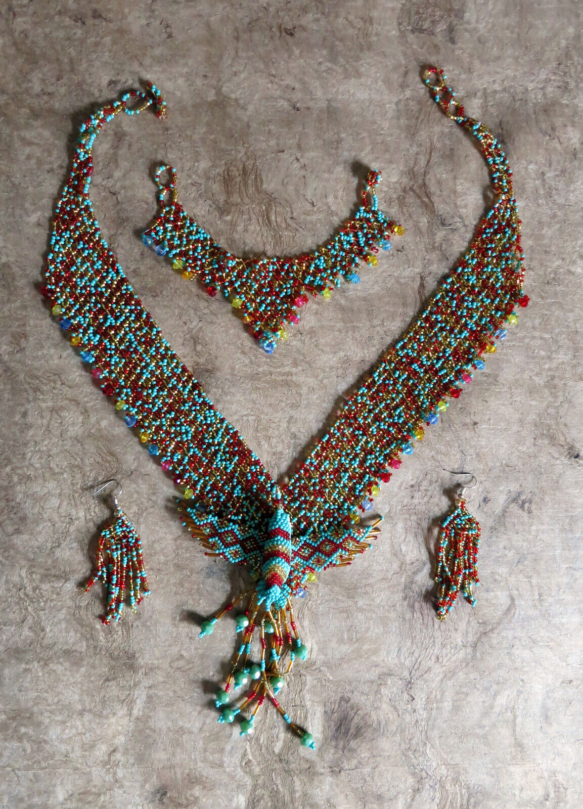 Huichol art,3 pcs mexican women's necklace set,, chaquira beads