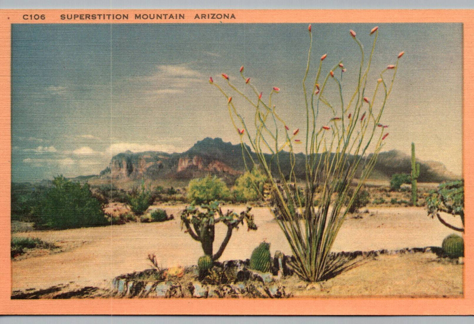 Postcard View of Superstition Mountain East of Mesa & Phoenix Arizona AZ cactus