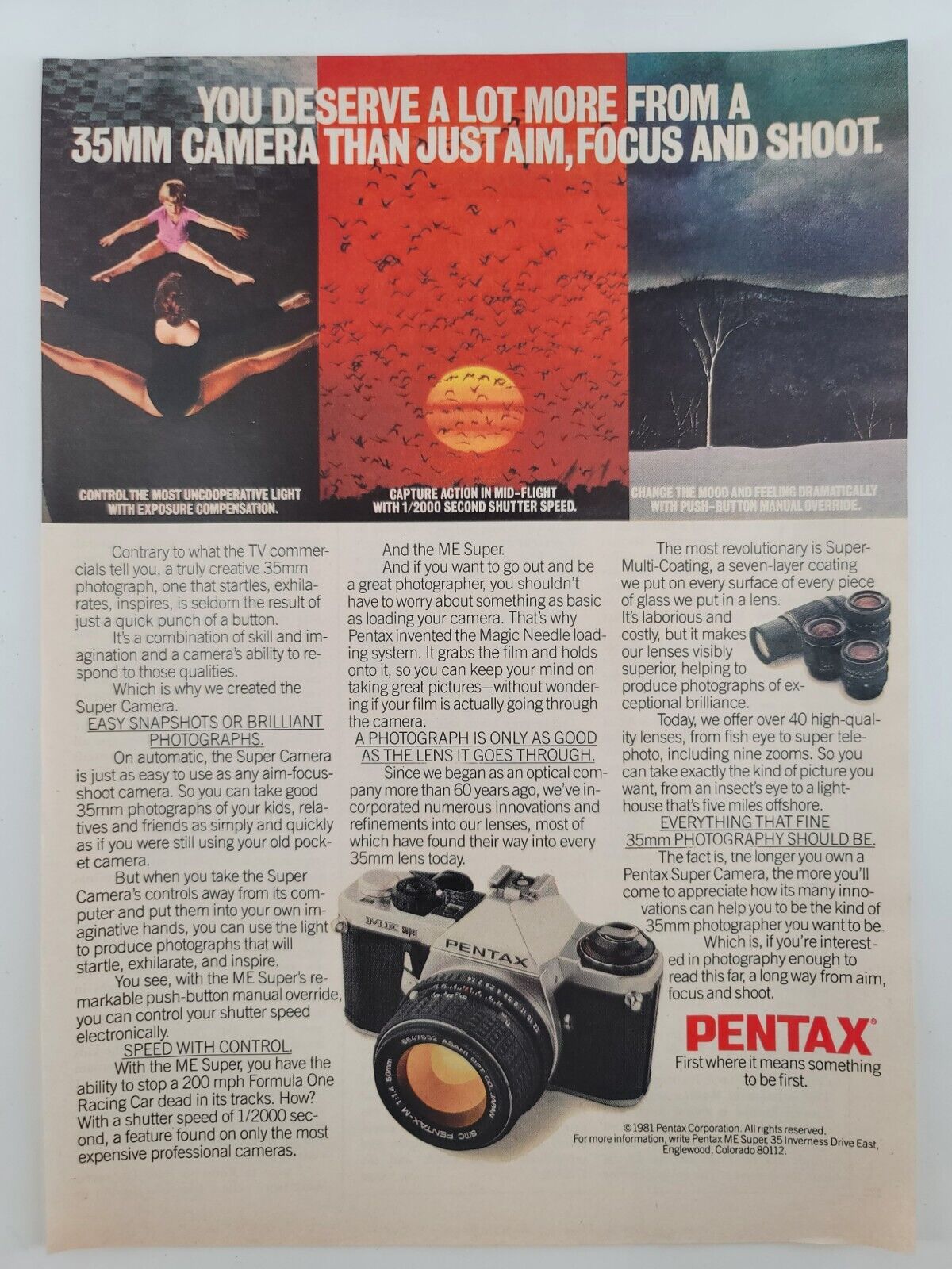 1981 Pentax Me Super Camera - Vintage Magazine Print Ad - Speed with control
