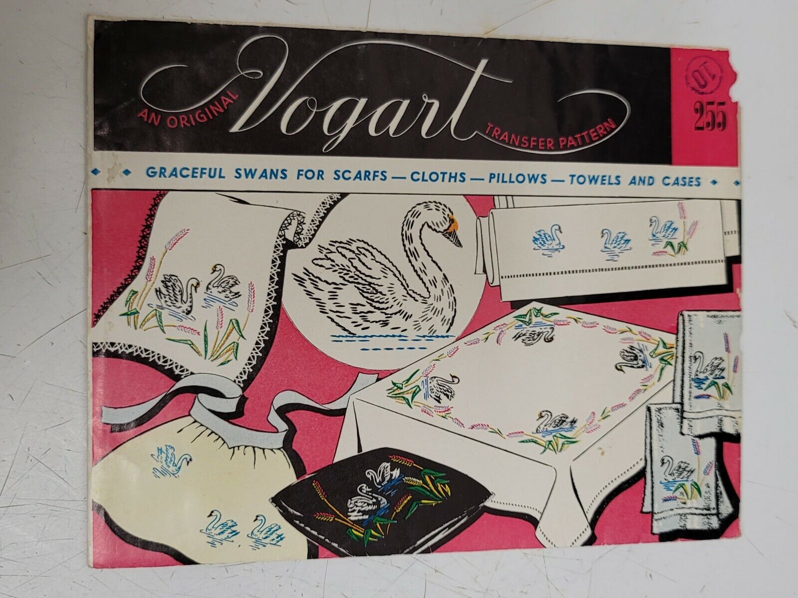 Vtg 1950s Vogart Embroidery Transfer Patterns Iron On Swans  Tea Towels Scarfs