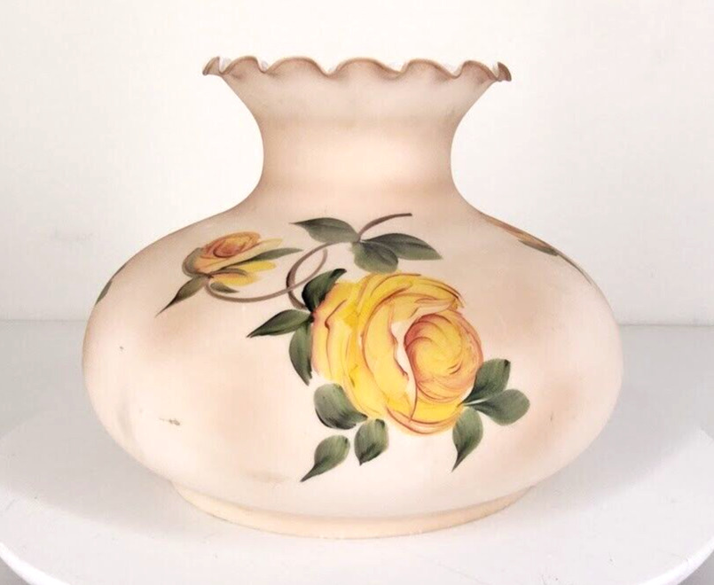 Large Vintage Floral Yellow Roses Top Glass Light Globe