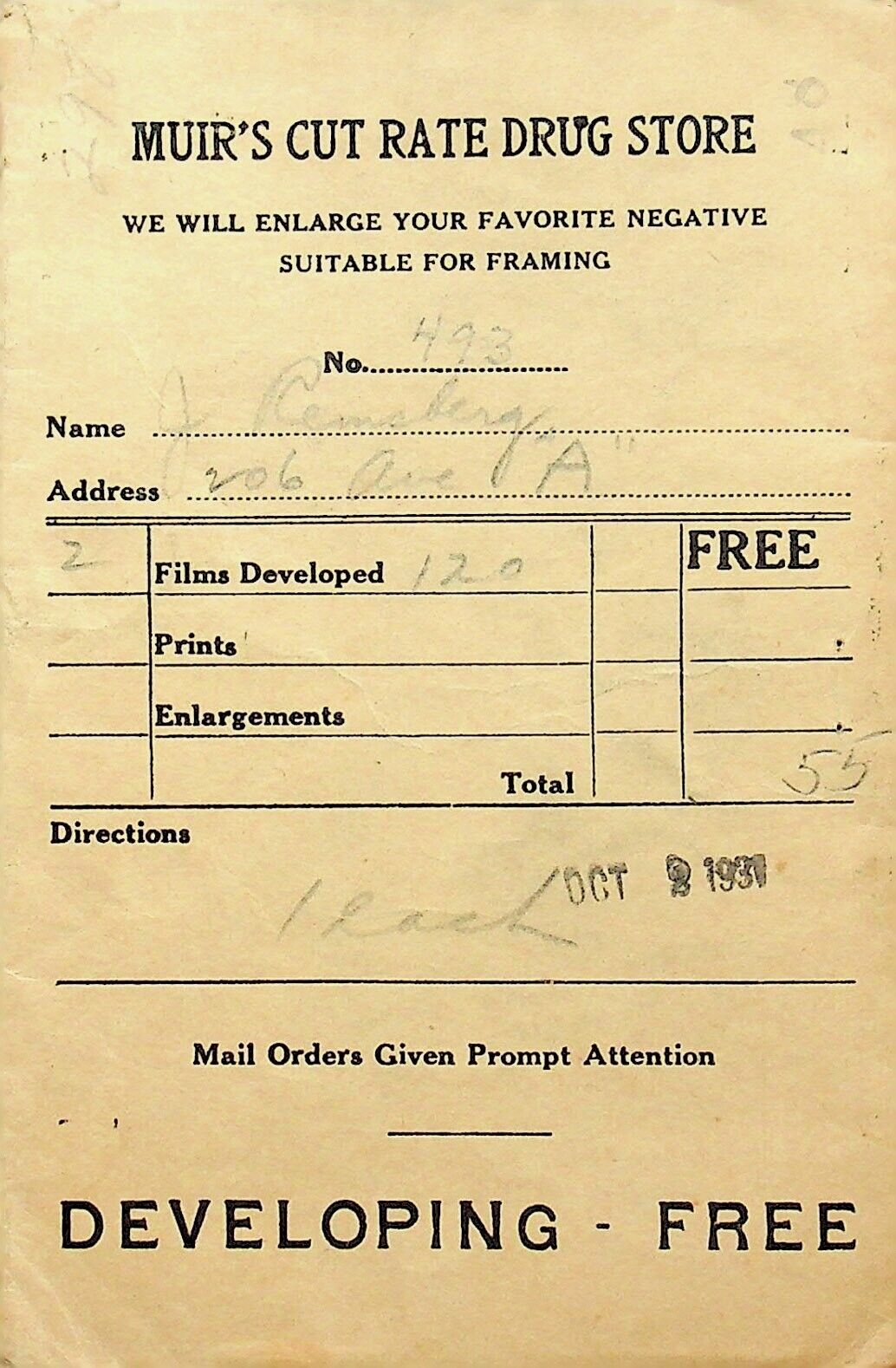 1931 Muir\'s Cut Rate Drug Store Photo Developing Folder Saginaw, Michigan- E13-D