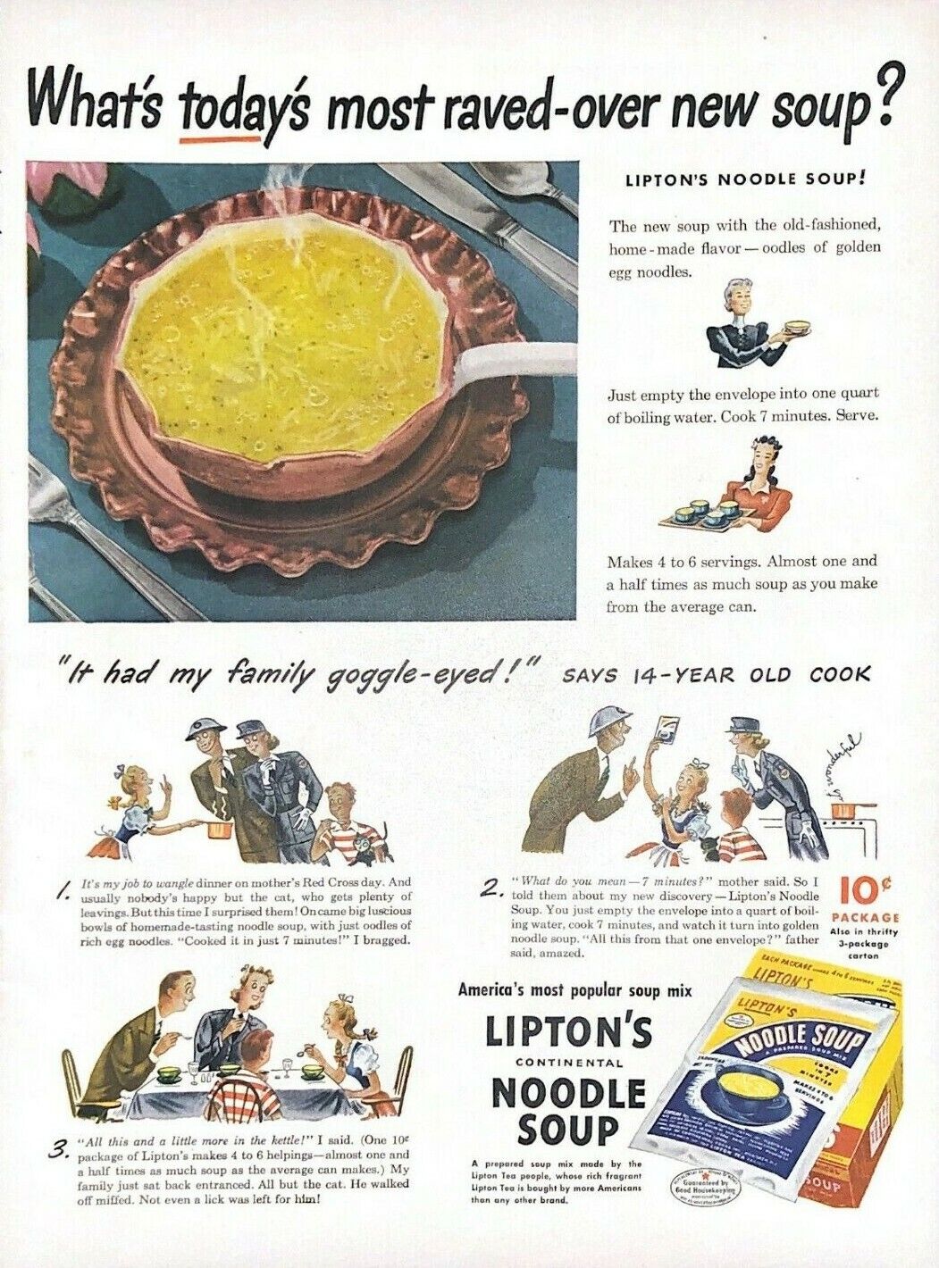 1943 Lipton\'s Noodle Soup Vintage Print Ad What\'s Today\'s Most Raved Over Soup 