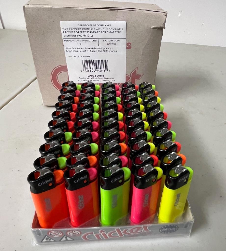 NEW 50ct DISPLAY CRICKET LIGHTERS POCKET MINI NEON FLUO STYLE FLAME DISPOSABLE 6