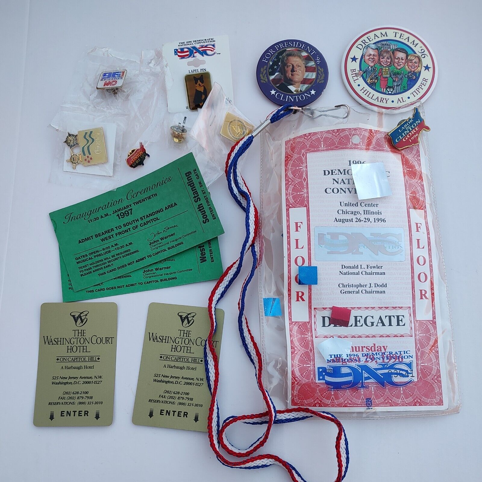 1996 Democratic National Convention Delegate Pass and Pins Clinton Gore