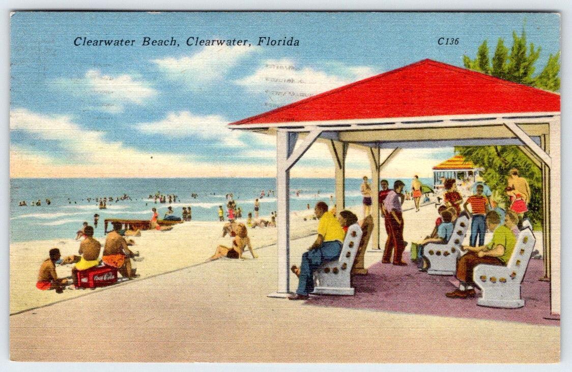 1957 CLEARWATER BEACH FLORIDA RED PAVILION VINTAGE LINEN POSTCARD