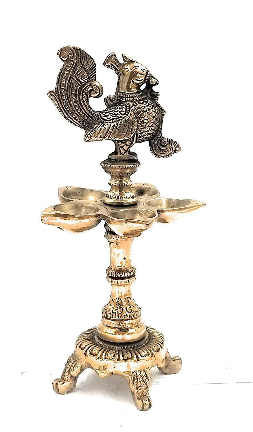 Brass Peacock 5 Oil Wick Diya Lamp Table Stand Pooja Deepam Diwali Pooja 9.5 In