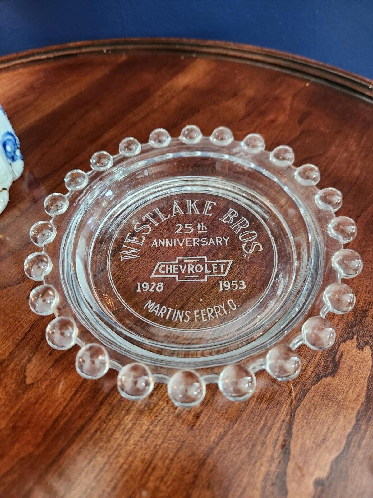 Vintage Clear Glass Advertising Ashtray, Martins Ferry 24th Anniversary Chevy