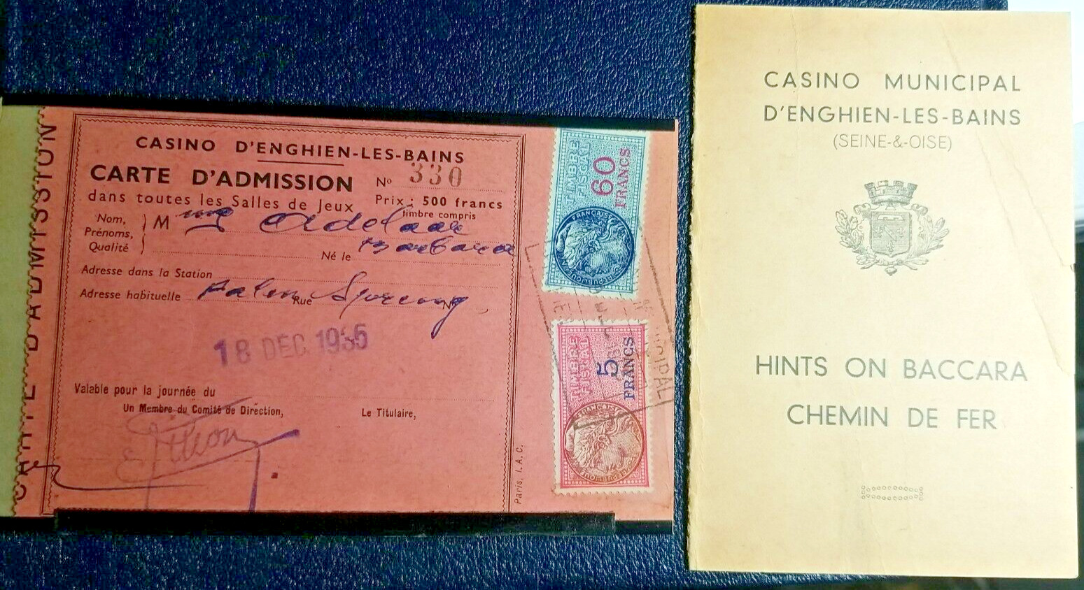 Casino Municipal D\'Enghien-Les-Bains 1935 Entry Card & Hints on Baccara Brochure