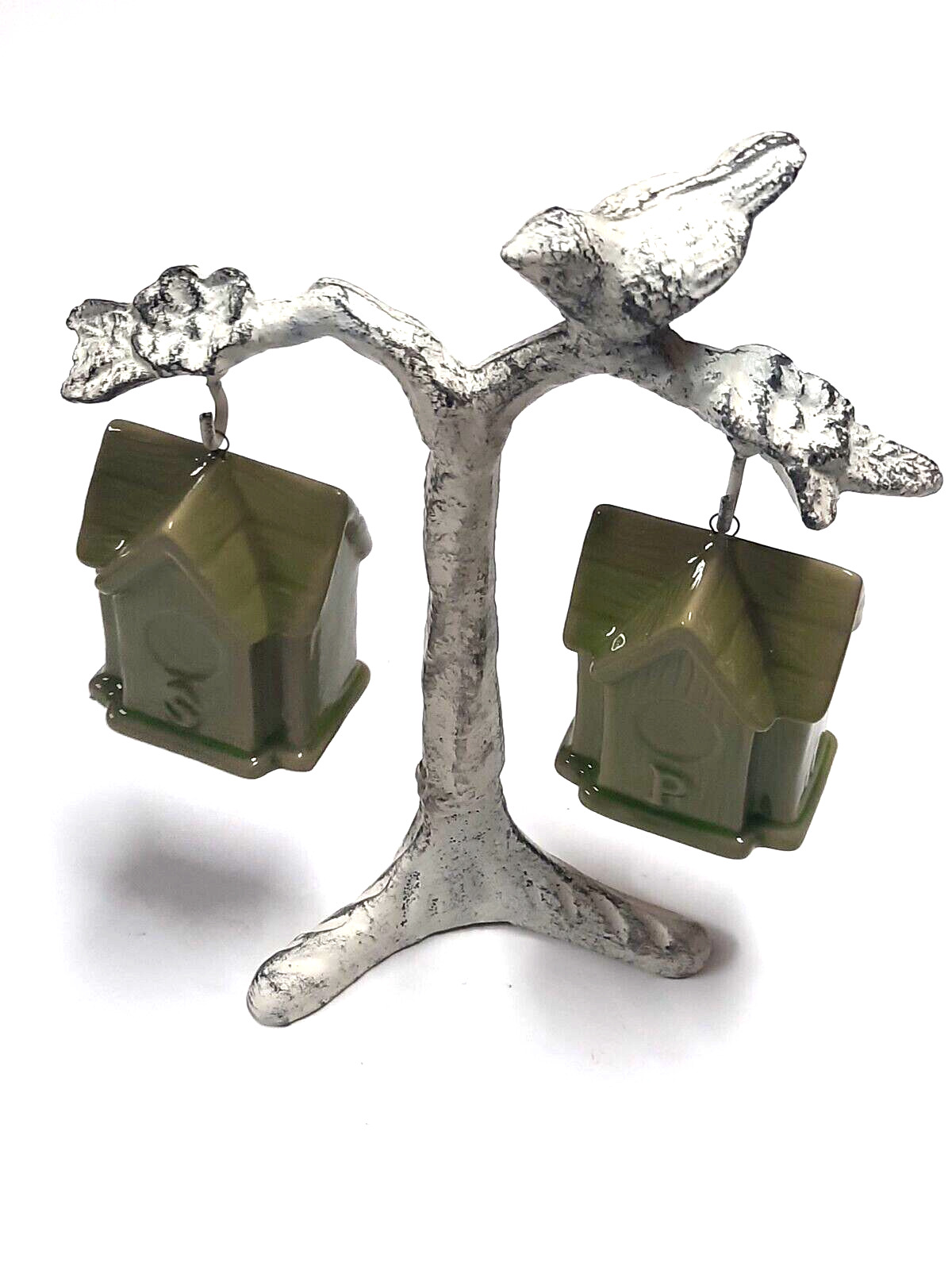 Metal tree with bird and ceramic bird houses salt and pepper shakers