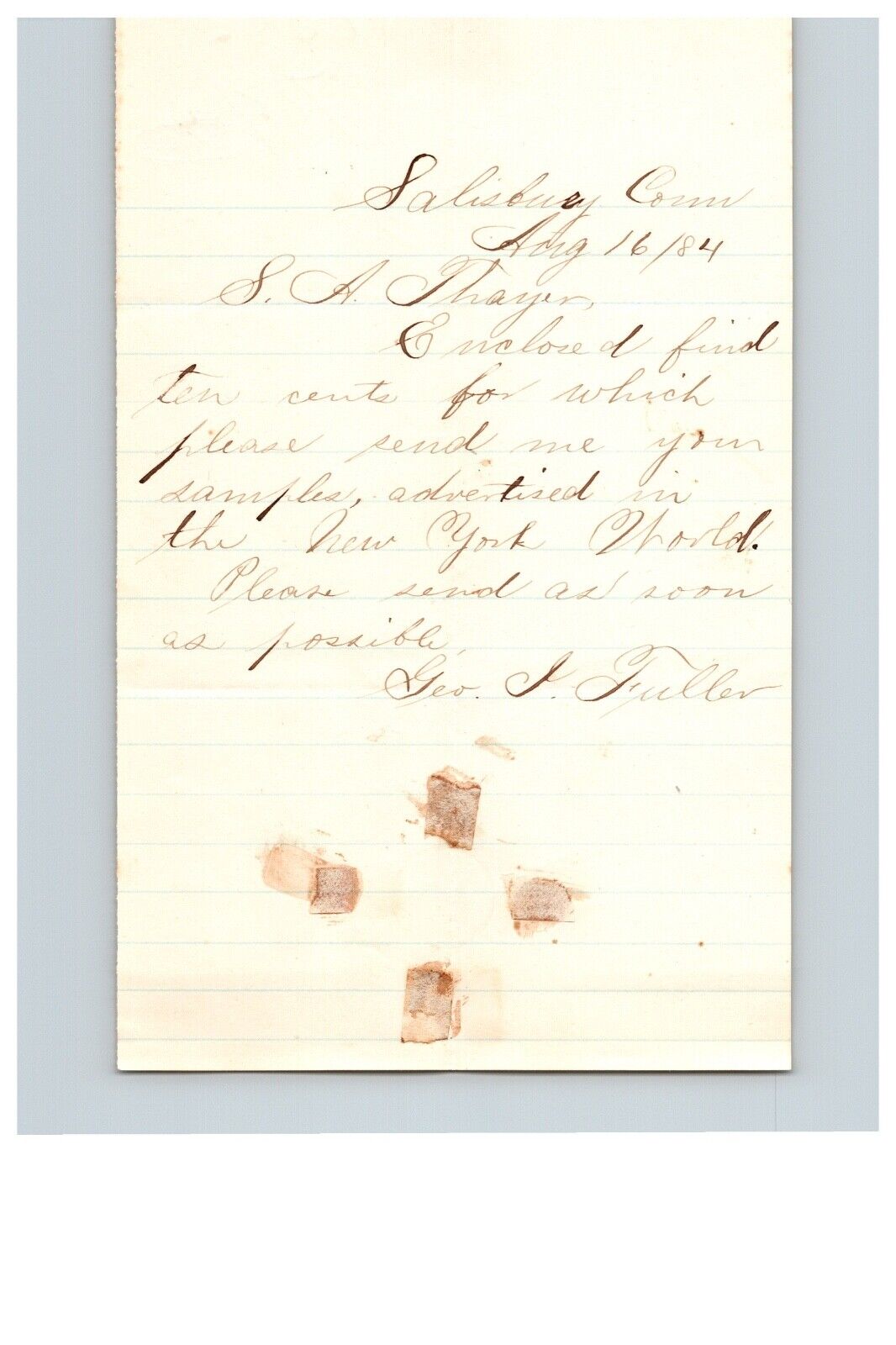 1884 Handwritten Letter George J Fuller Salisbury CT Connecticut Genealogy