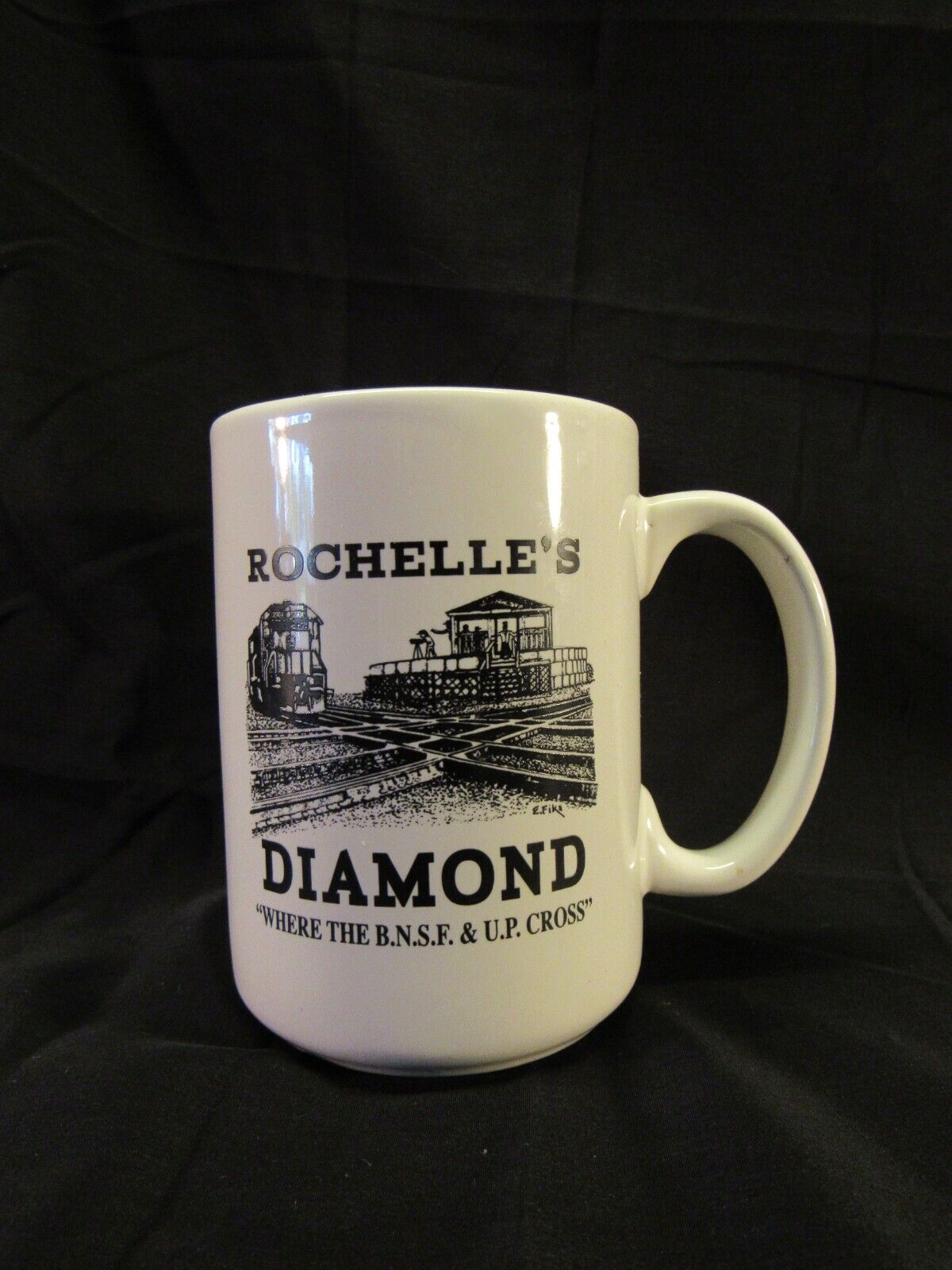 Railroad Train Coffee Mug Rochelle’s Diamond Where B.N.S.F & U.P. Cross