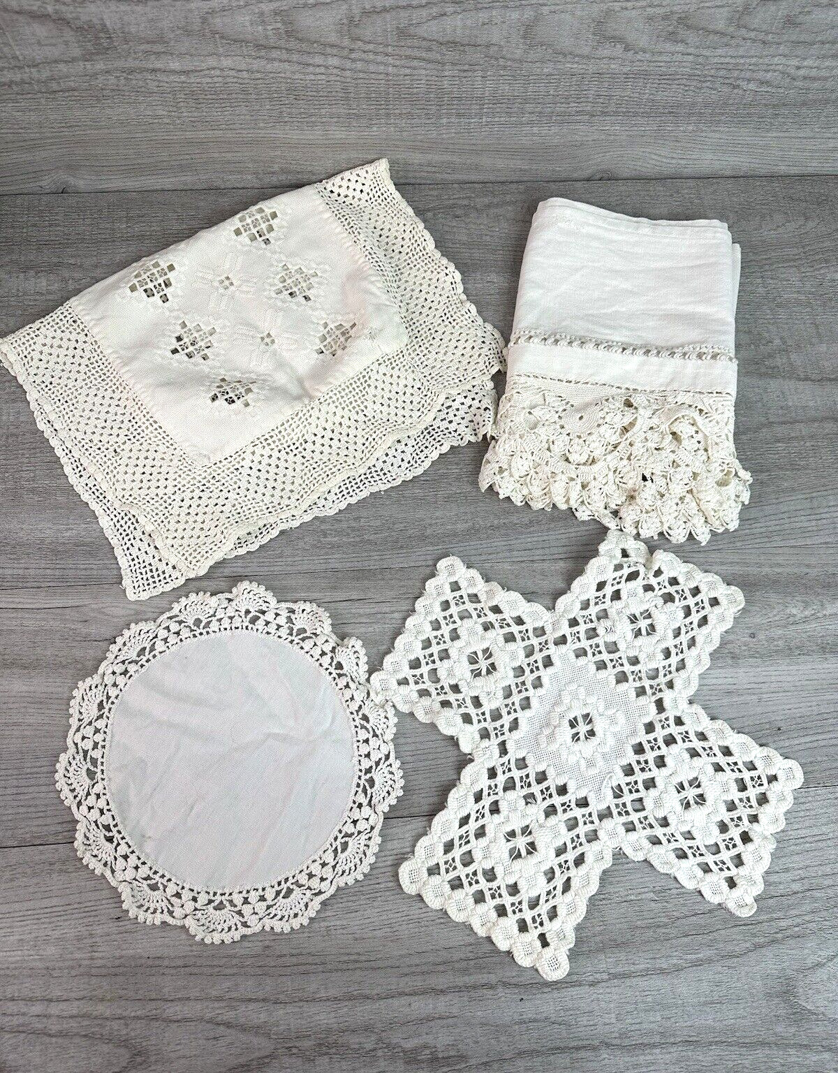 Lot of 4 Various Vintage Ivory Cotton Table Doilies/Covers