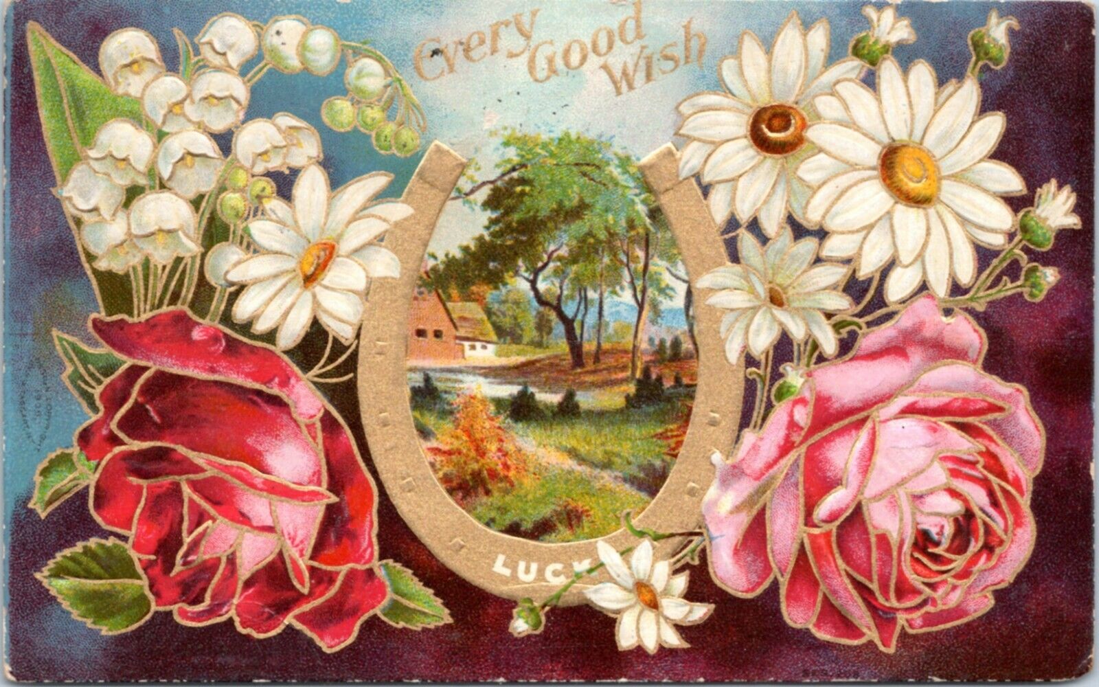 Postcard Greetings - Every Good Wish - Horseshoe with flowers