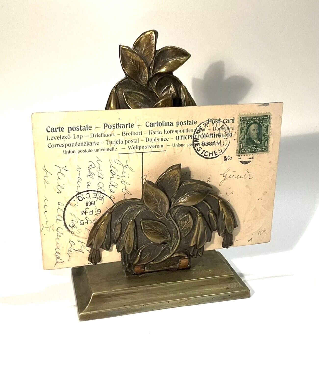 Antique Brass Fuchsia Flowers Desk Letter Holder Rack