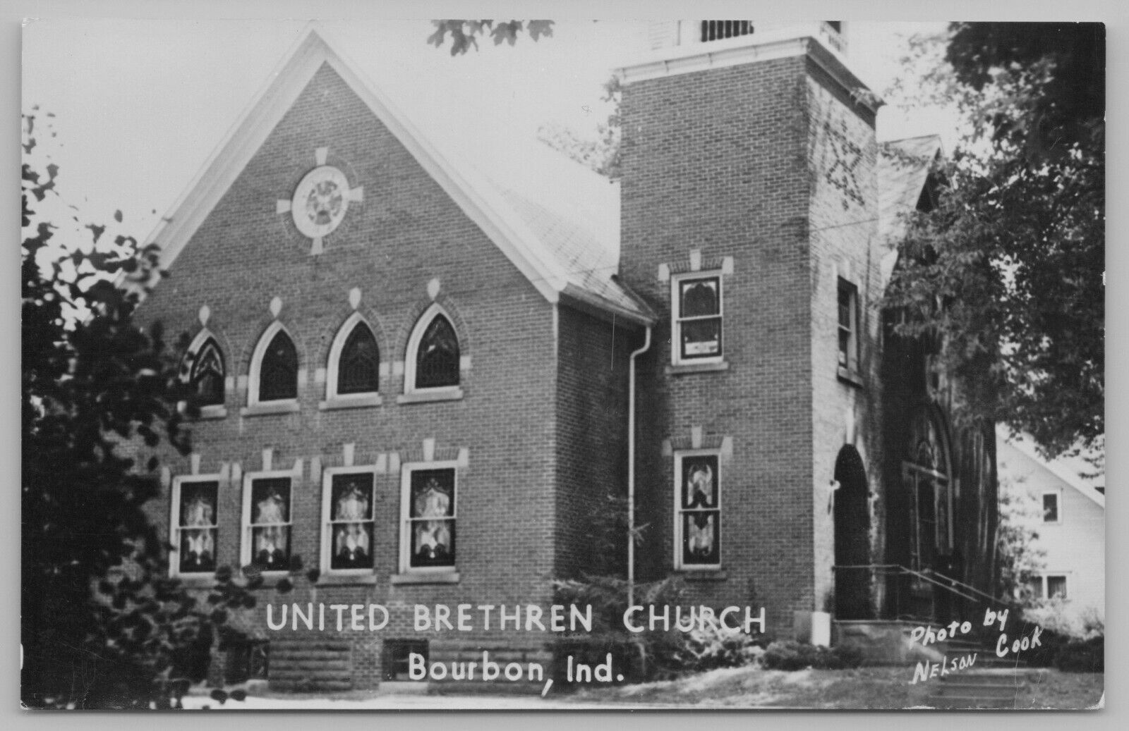 Bourbon Indiana~United Brethren Church Close Up~Nelson Cook Photo~c1950 RPPC