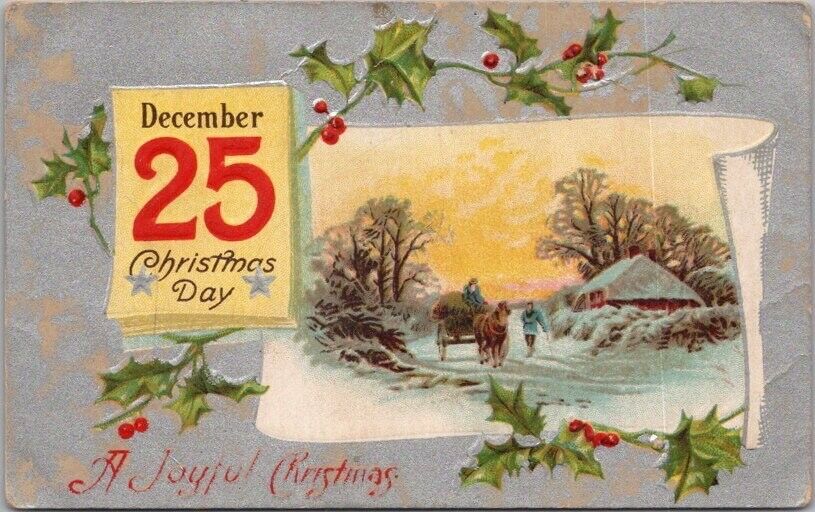 c1910s JOYFUL CHRISTMAS Embossed Postcard Winter Scene - House / Horse Wagon