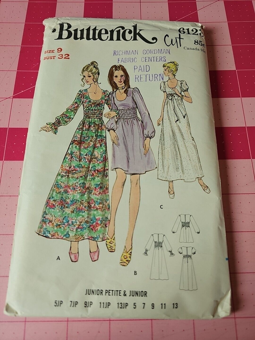 Vintage Butterick Pattern 6123 Hippie Boho Maxi Dress Elastic Waist Size 9 CUT