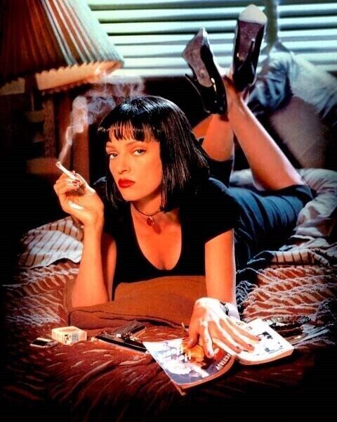 Pulp Fiction classic image Uma Thurman smoking lying on bed 5x7 inch photo