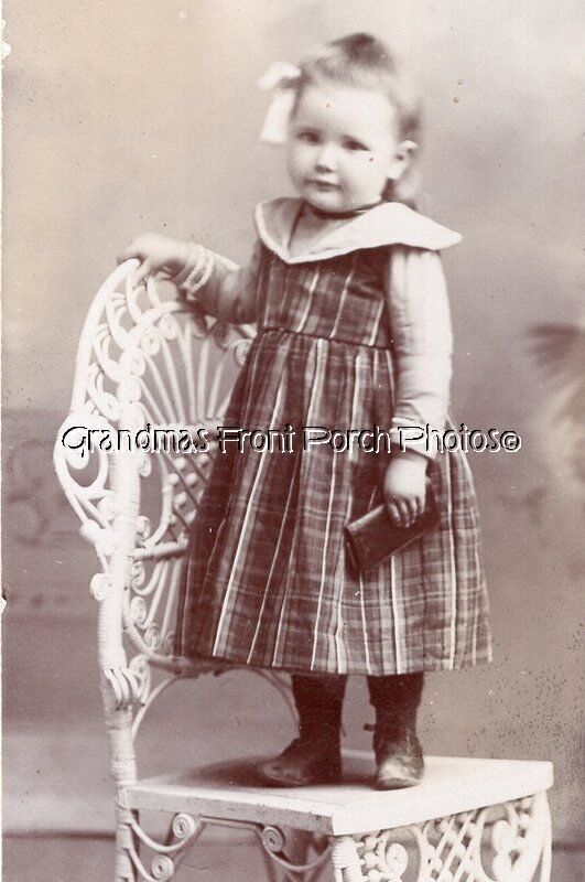 Antique CDV Photo Sweetest Little Girl w Plaid Dress Well-worn Shoes Chair