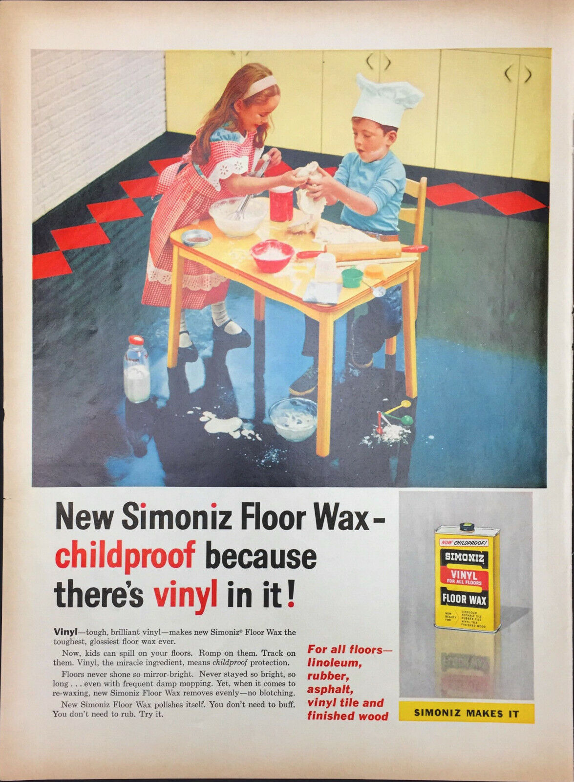 Vintage 1958 New Simoniz Floor Wax Children Spilling Mess On Floor Print Ad 