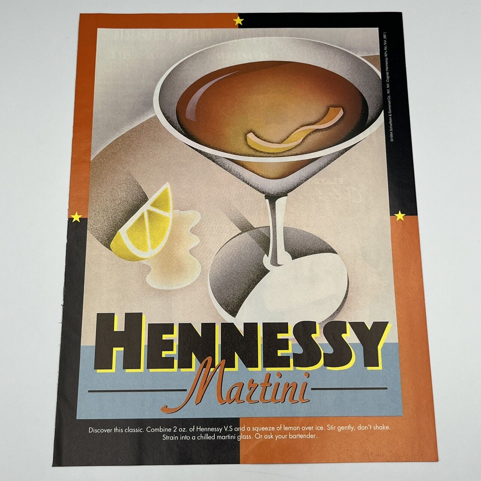 Hennessy Martini Cocktail 1998 Vtg Print Ad 8\