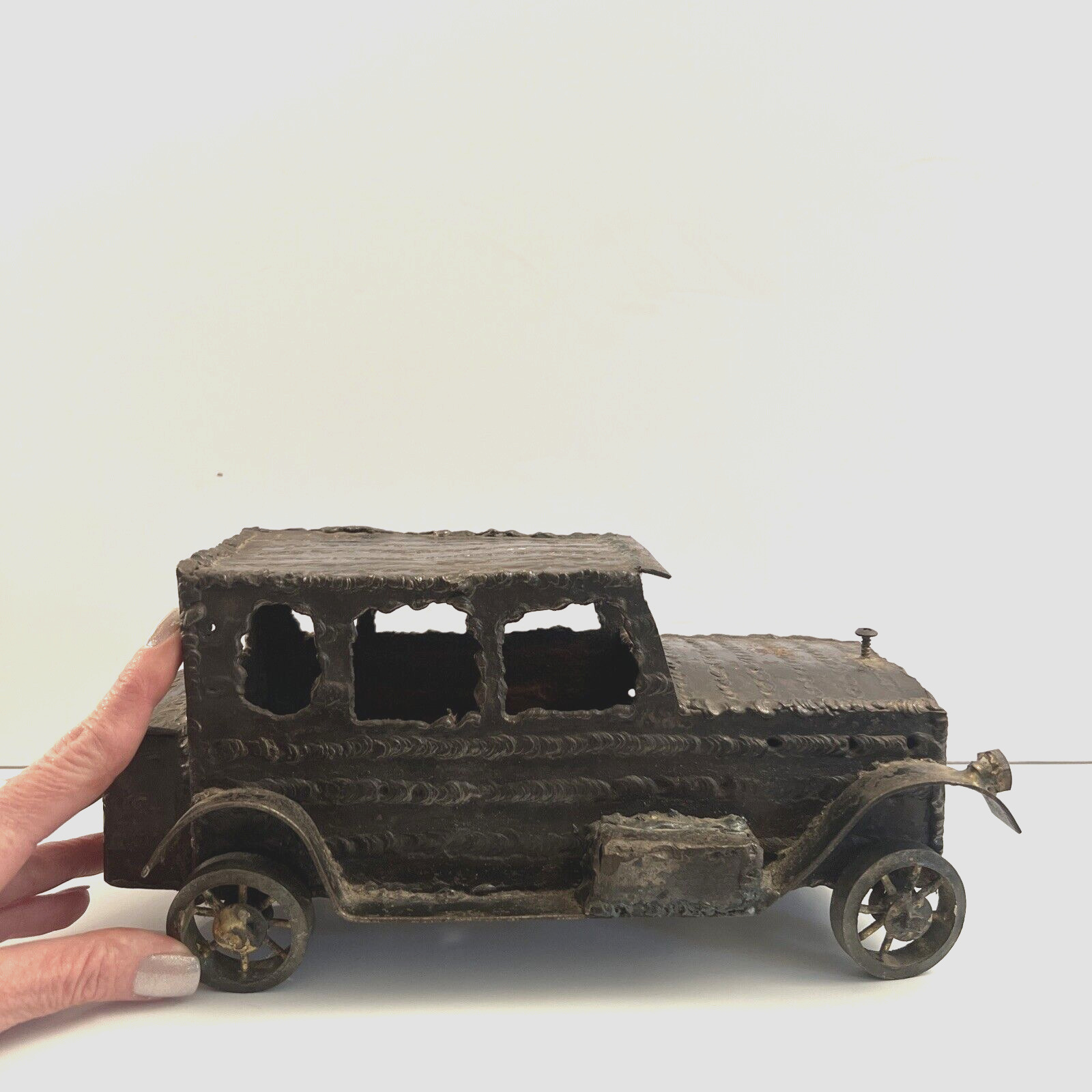 Vintage Brutalist Antique Toy Car Sculpture Welded Steel Trench Art Signed WWII