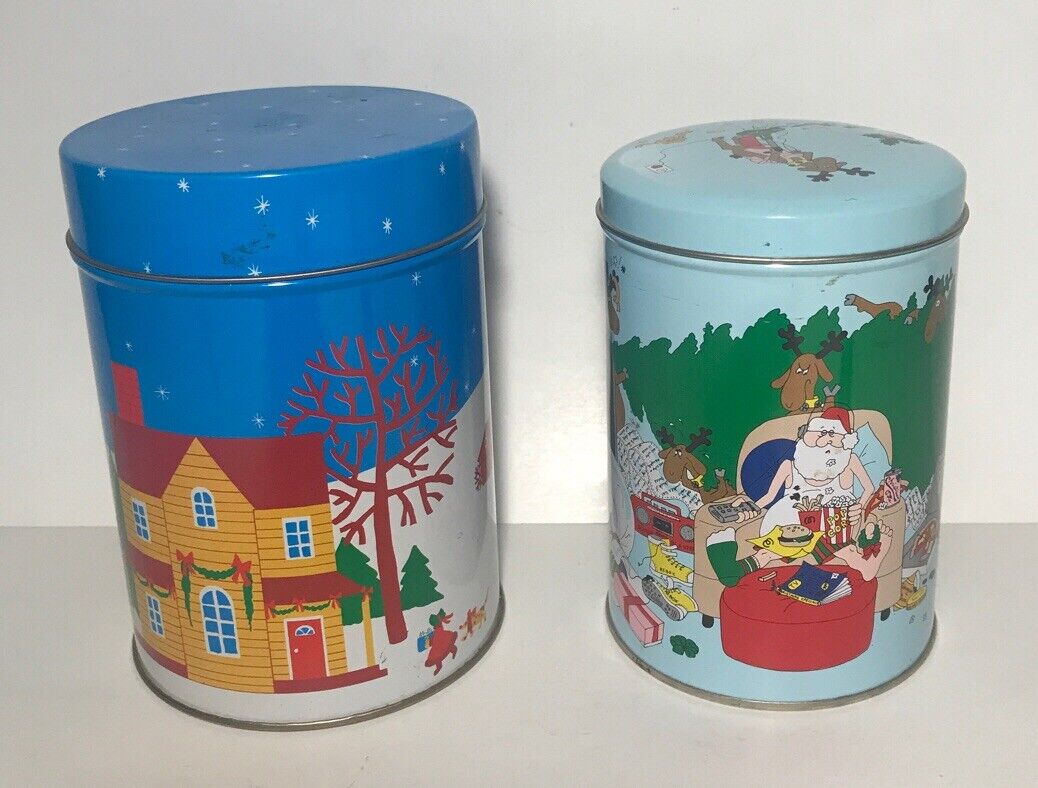 Two Santa Claus Christmas Holiday Decorations Storage Tins