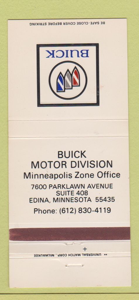 Matchbook Cover - Buick Motor Division Minneapolis MN Zone Edina MN 30 Strike