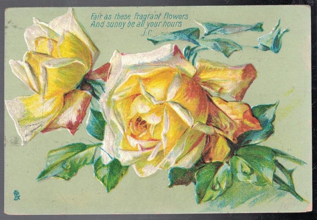 ANTIQUE LOVELY 1913 BIG YELLOW FRAGRANT ROSES TUCK GREETINGS POSTCARD