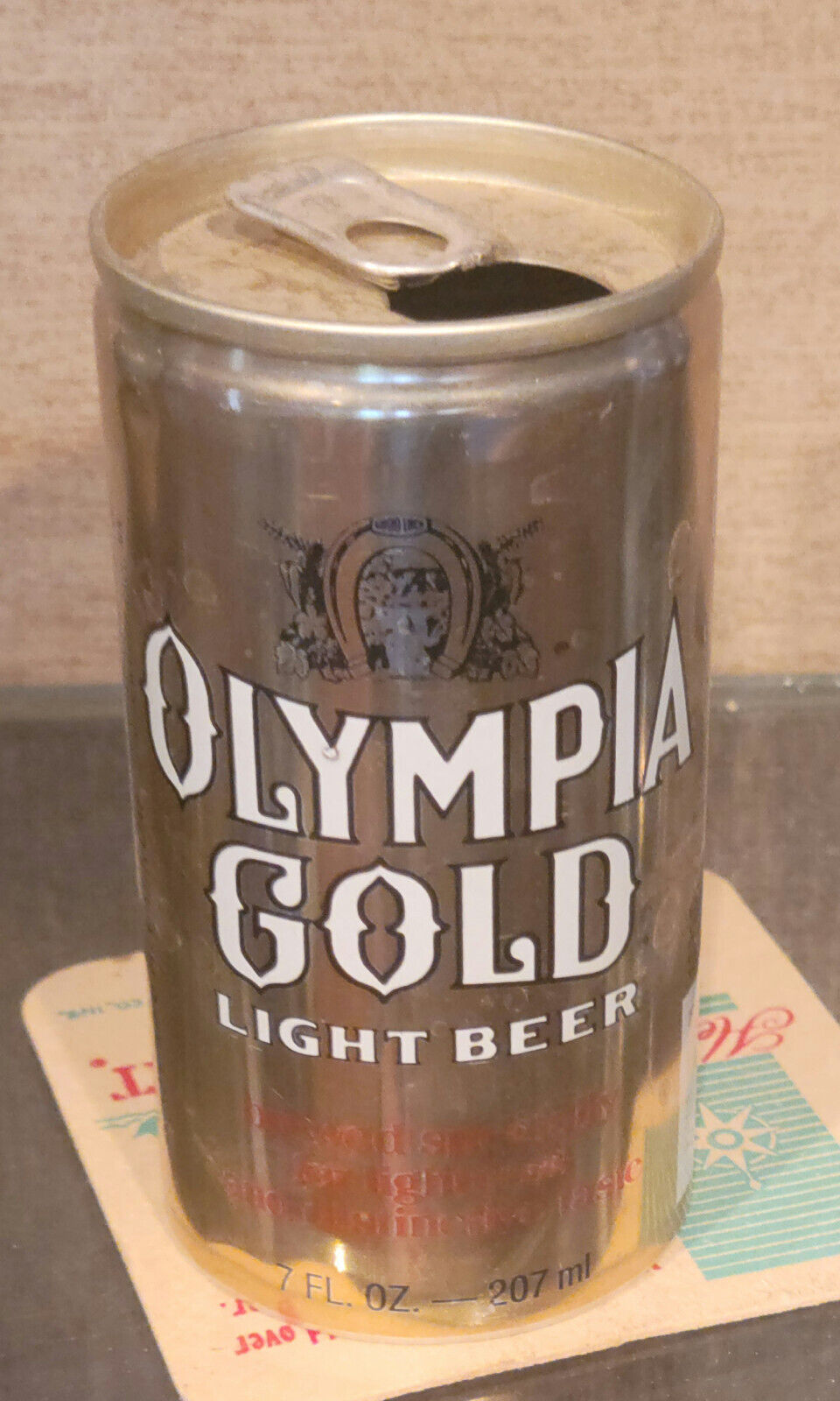 1979 7 OUNCE  OLYMPIA GOLD ALUMINUM STAY TAB BEER CAN 2 CITY WASHINGTON EMPTY