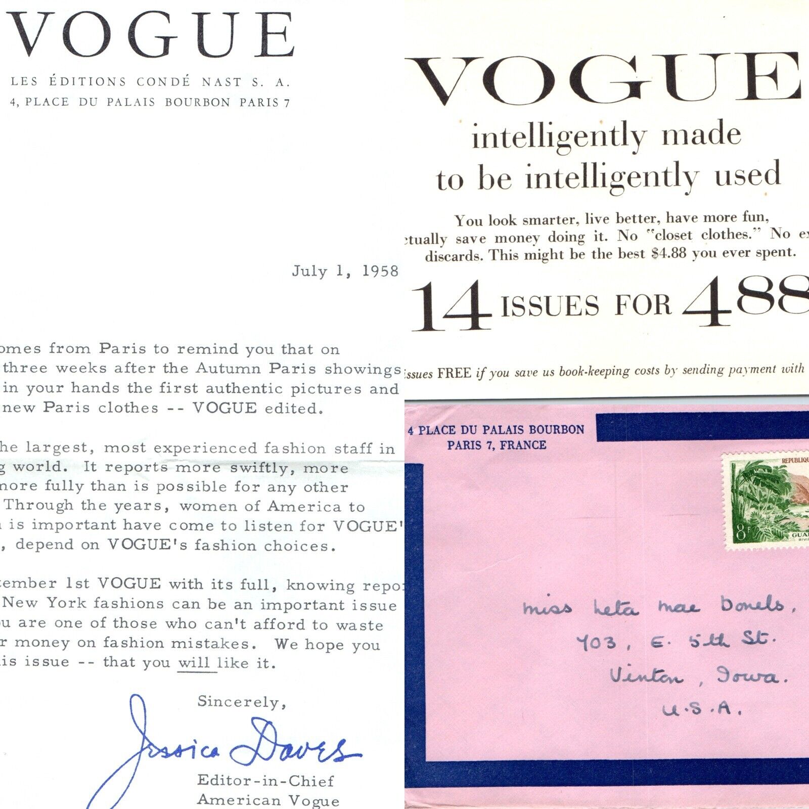 1958 Vogue Magazine Advertising Subscription Place Palais-Bourbon Paris Cover 5Q