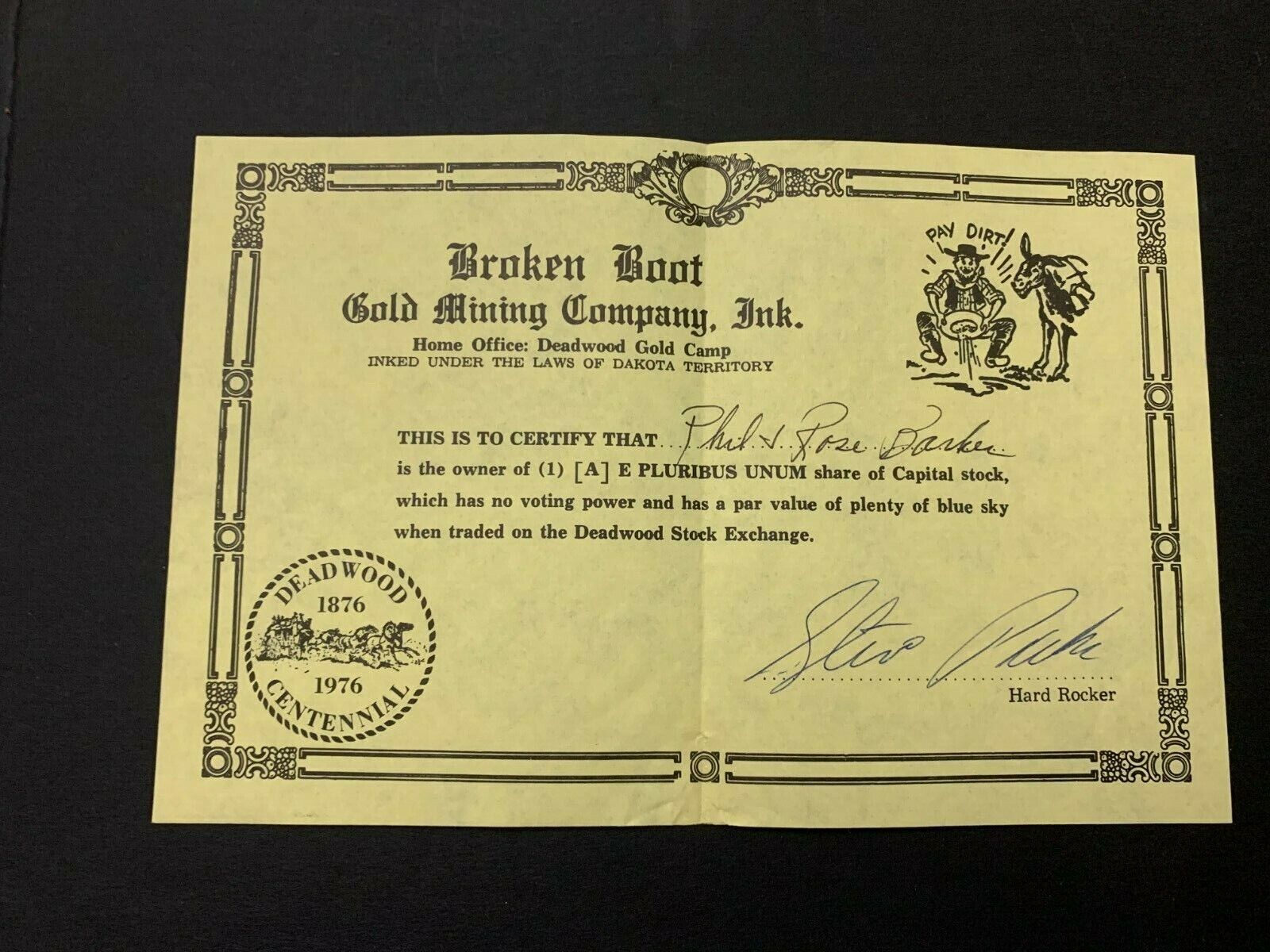 1976 Deadwood South Dakota Broken Boot Gold Mining Co Souvenir Stock Certificate
