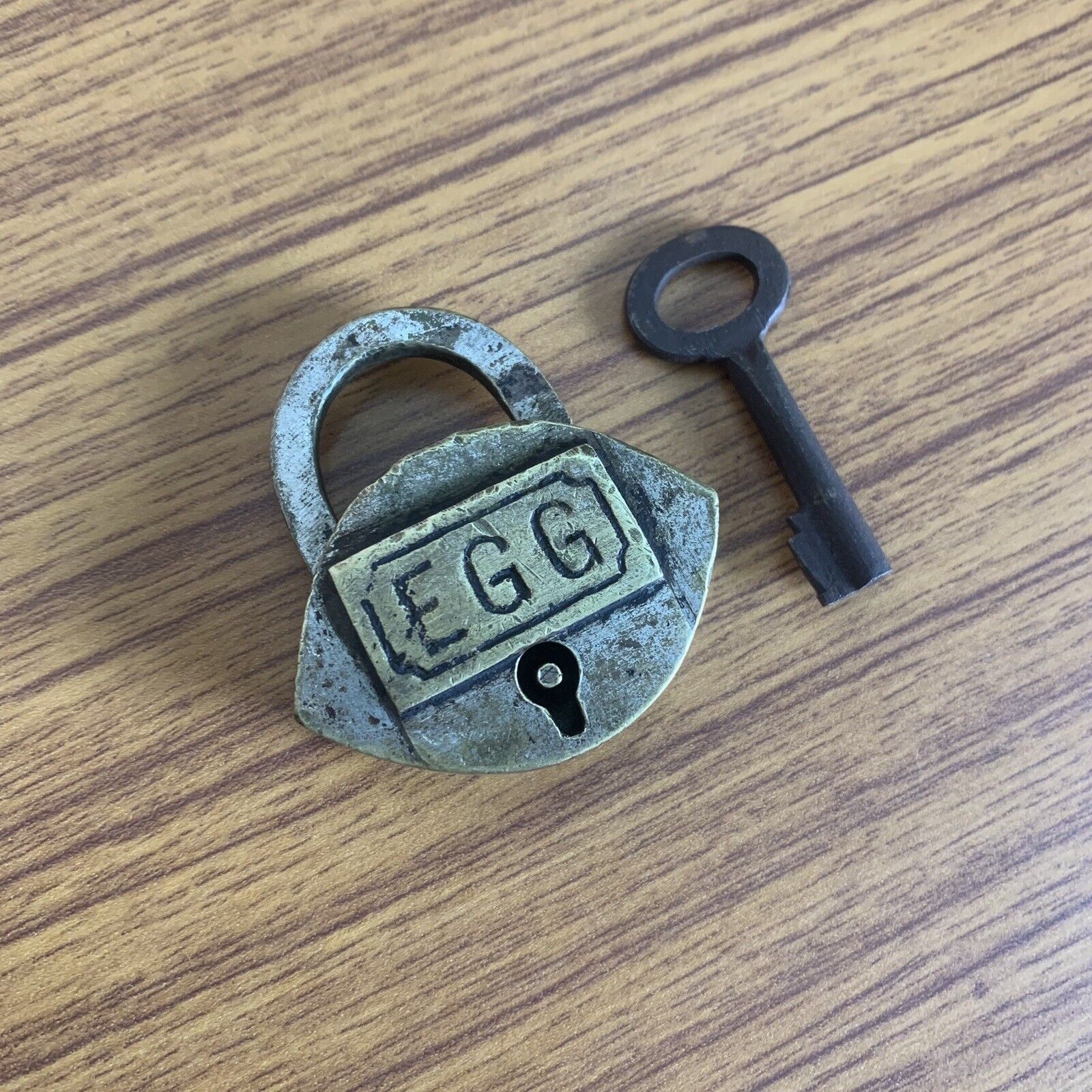Brass miniature padlock or lock with key, unusual & Rare Shape.