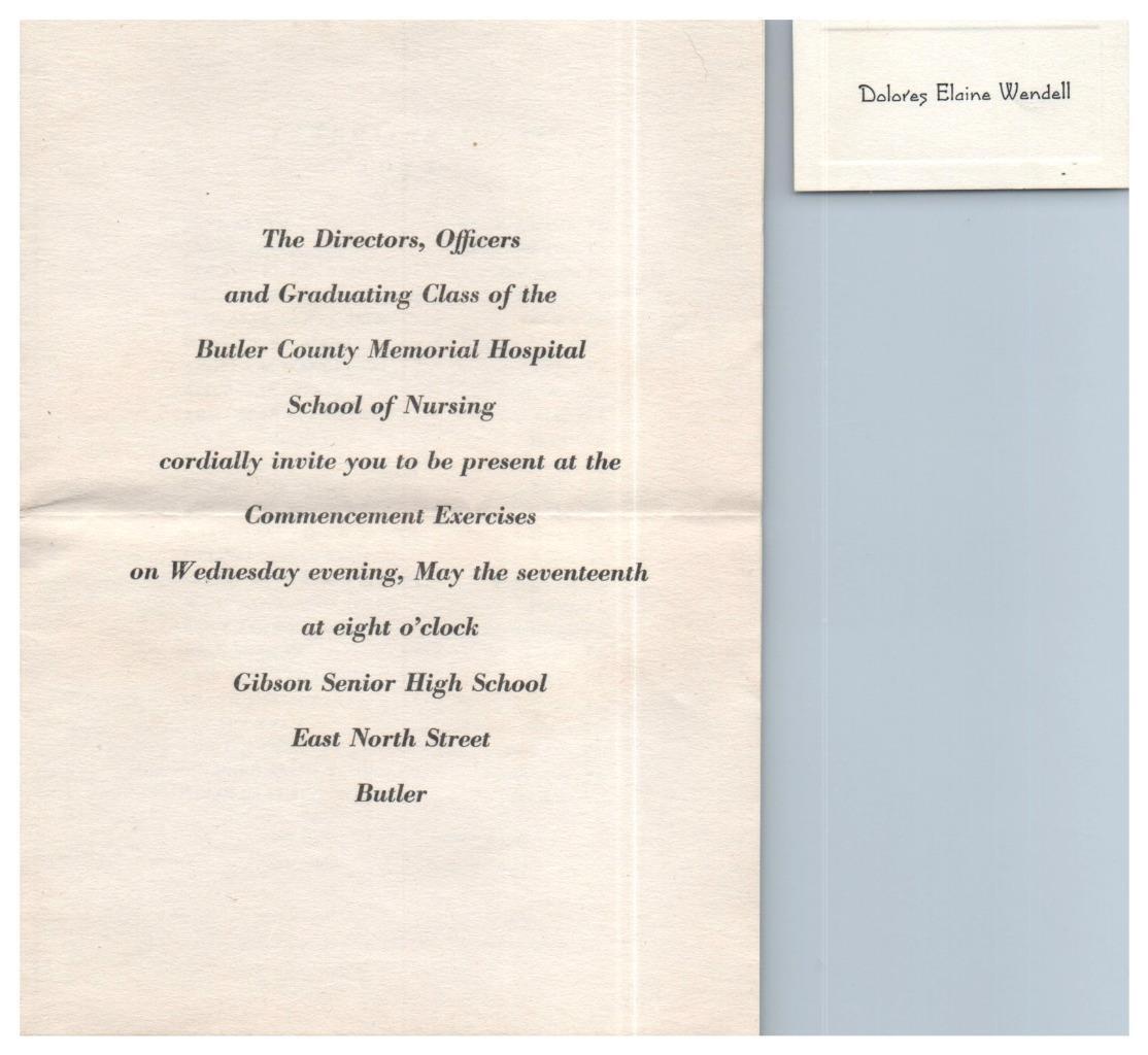 Butler County Pennsylvania Memorial Hospital Nursing Graduation Invitation 1944