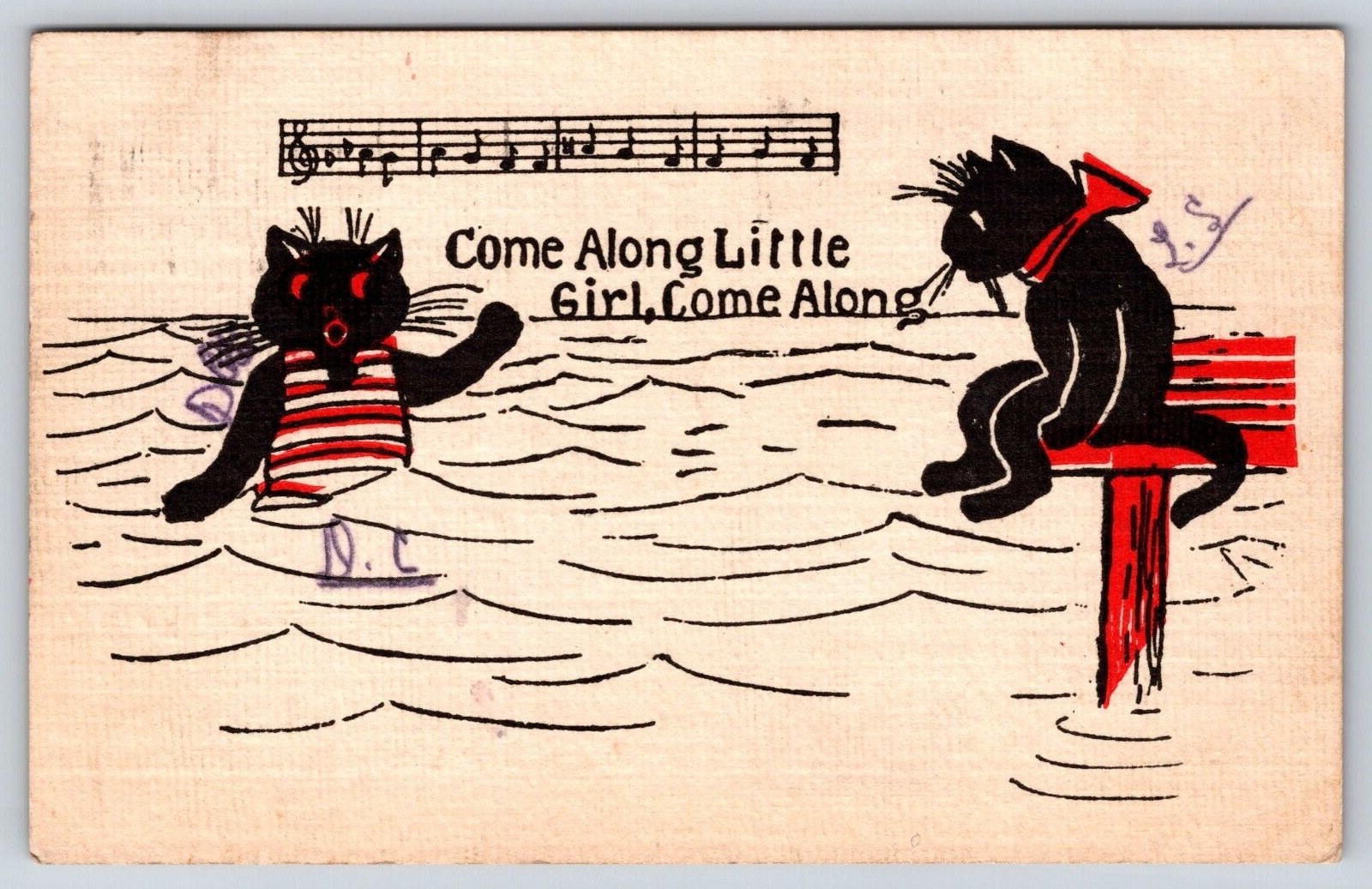 Original Old Vintage Antique Postcard Black Cats Swimming Music Notes 1907