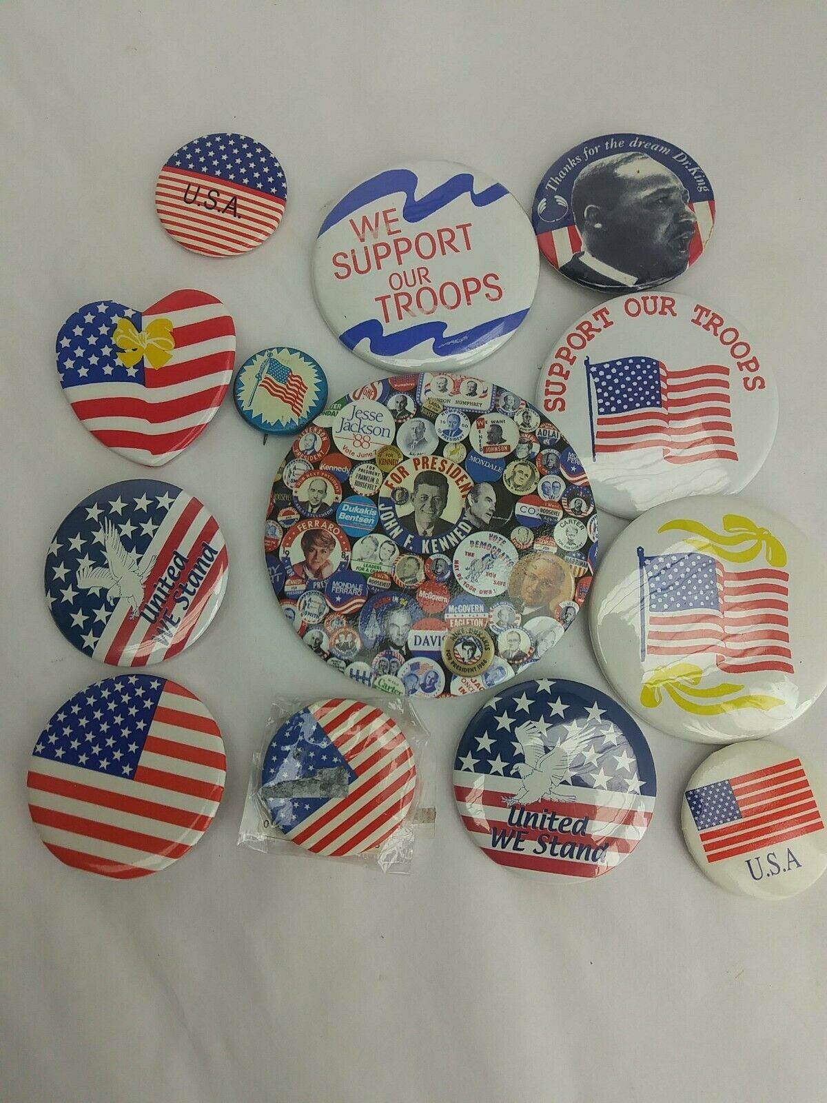 13pc Political Pinbacks American Flags Support Troops MLK \