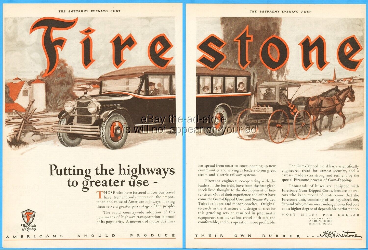 1925 Firestone Akron OH Bus Tires Horse and Buggy Garage Mechanic Shop Decor Ad