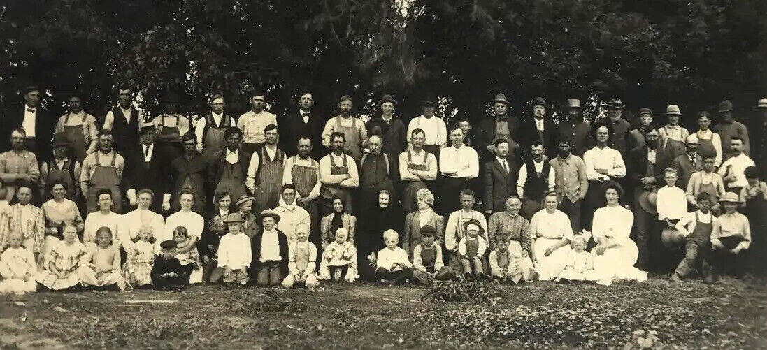 Antique Vtg RPPC Large Group Family Men Women Children Overalls Hats Fashion