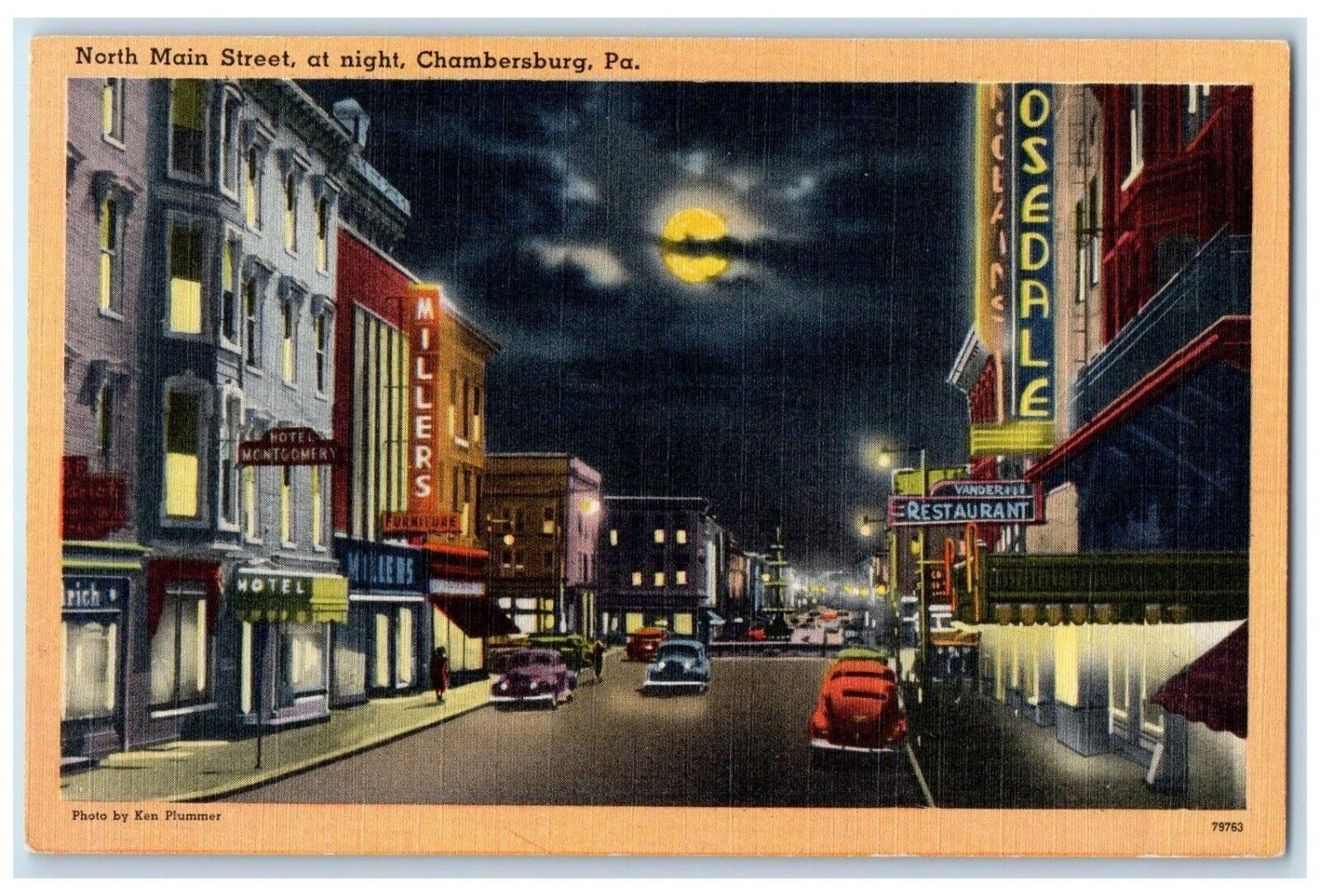 c1940 North Main Street Night Classic Cars Chambersburg Pennsylvania PA Postcard