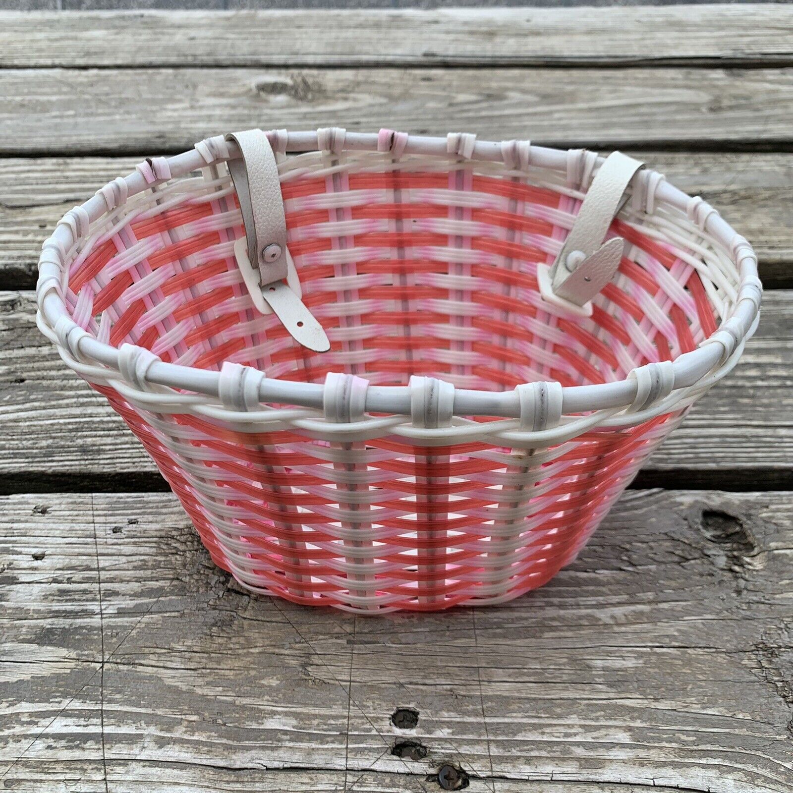BICYCLE BASKET WITH LEATHER STRAPS BUCKLES PINK & RED NOS