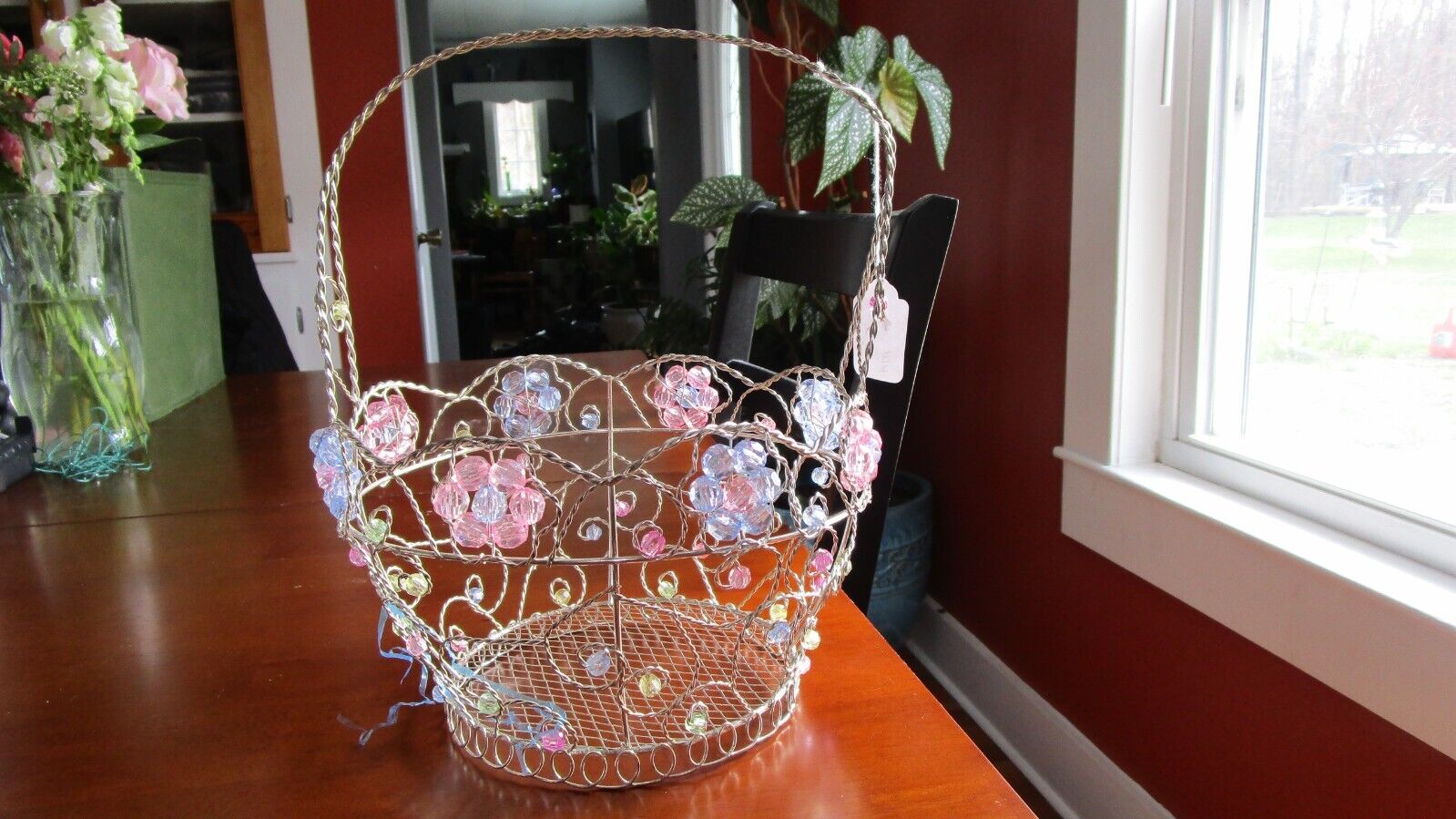 DECORATIVE METAL WIRE BEADED BASKET WITH PASTEL FLOWERS