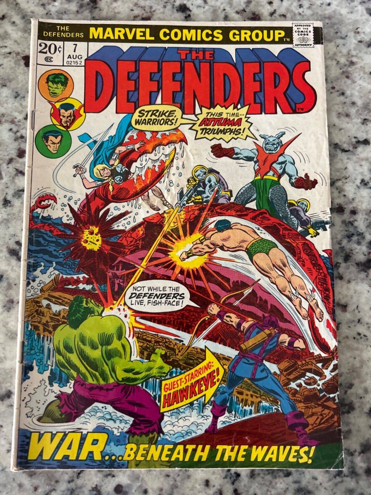 Defenders #7 Vol. 1 (Marvel, 1973) Key Hawkeyes Joins, damaged reader only