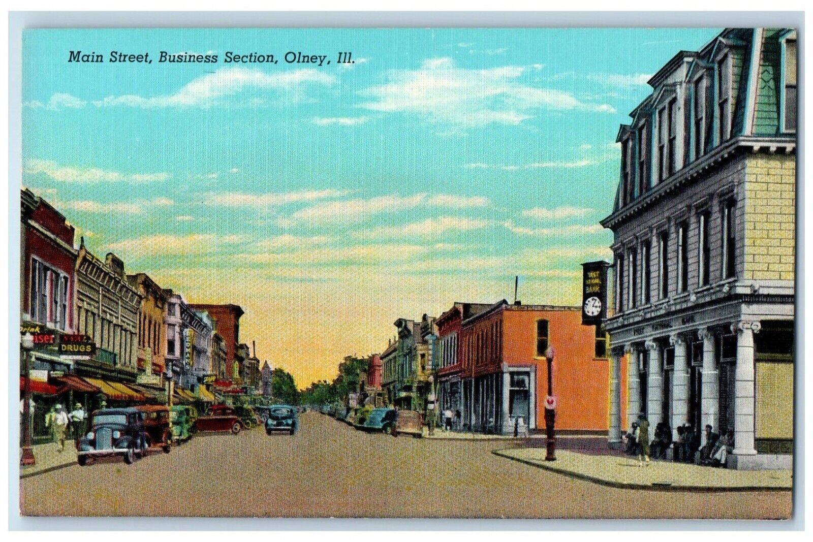 c1930\'s Main Street Business Section Cars Clock Olney Illinois IL Postcard
